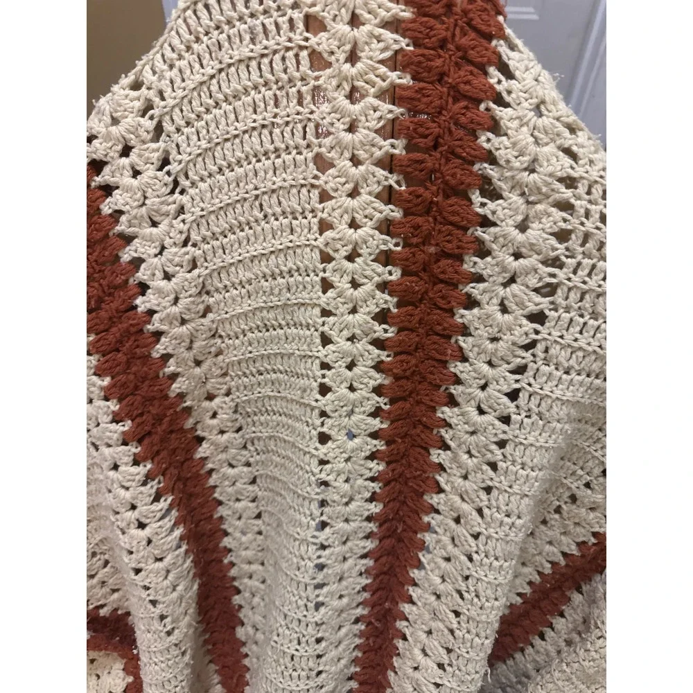 Vintage Handmade Crochet Afghan Blanket Striped Cream Rust Orange Boho Tassels